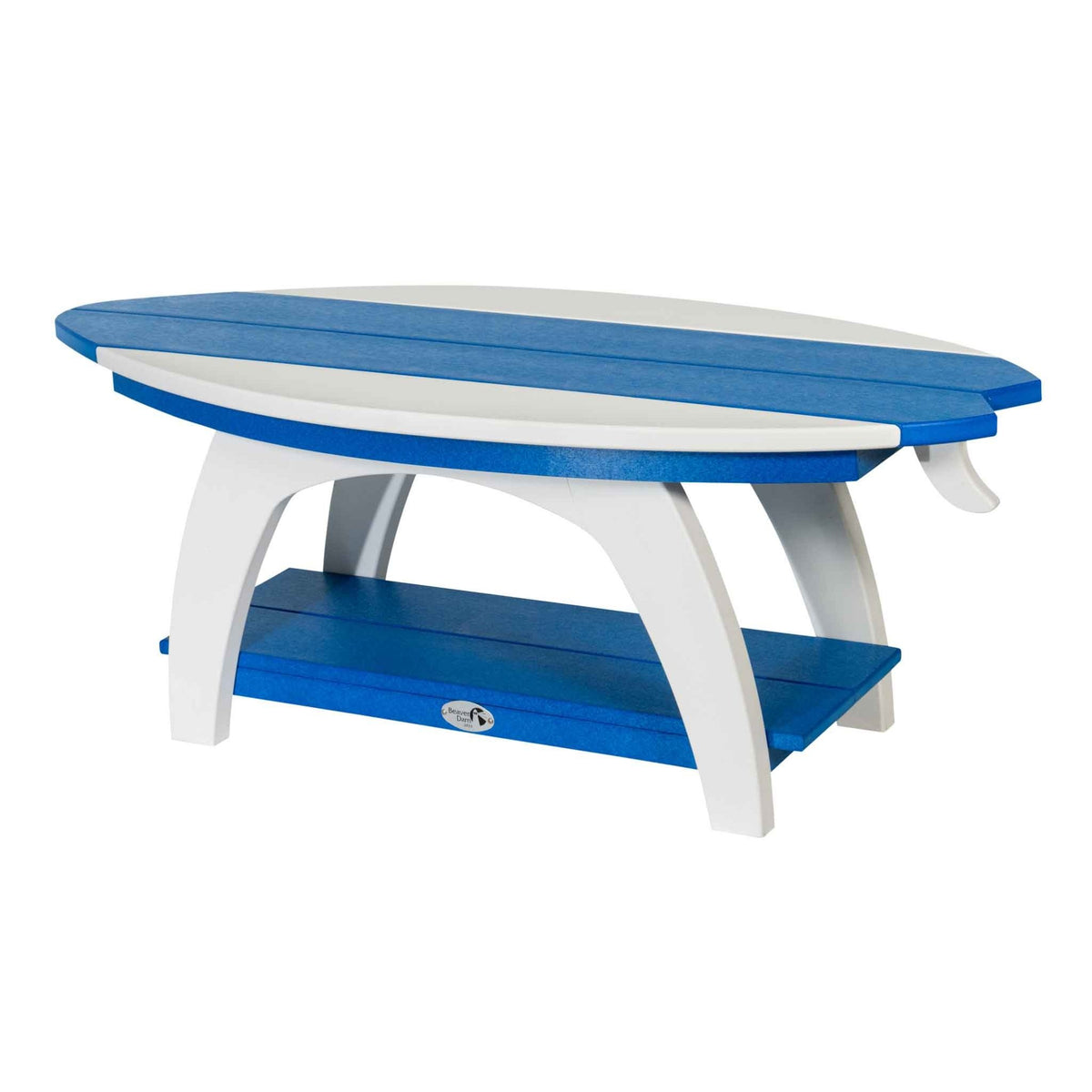 Blue and white surfboard coffee table in recycled poly with arched legs and a blue bottom shelf
