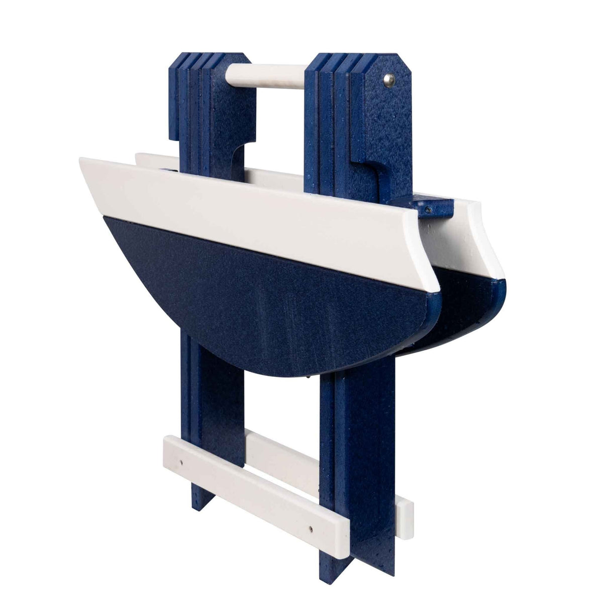 Navy and white surfboard shaped folding end table shown folded upright with a carry handle