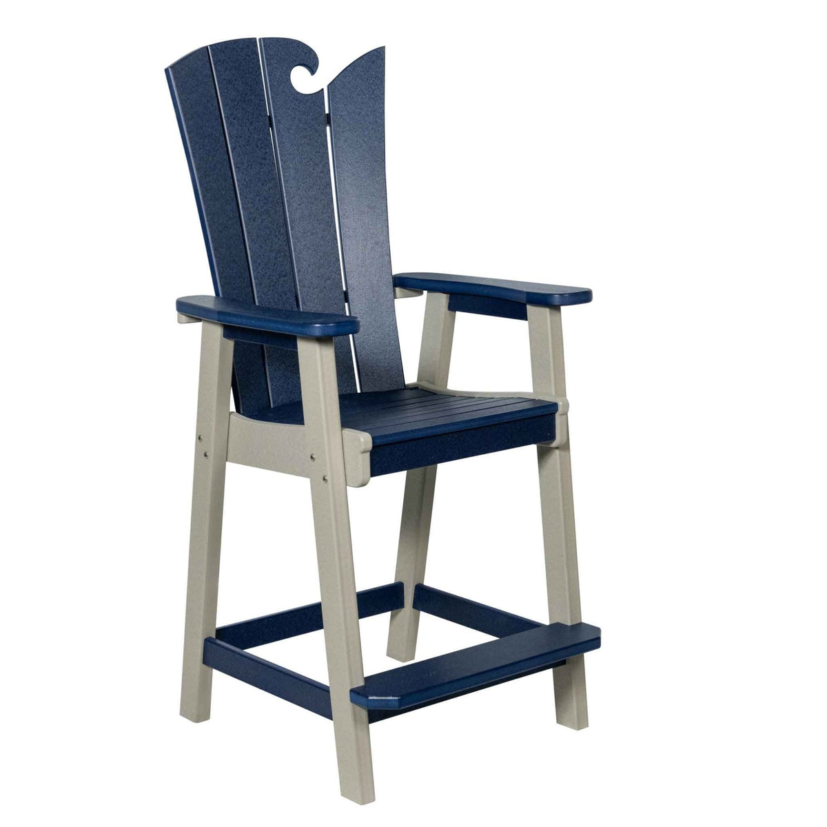 Bar height poly chair in navy and gray with a wave cutout crest, plank back, arms and step footrests