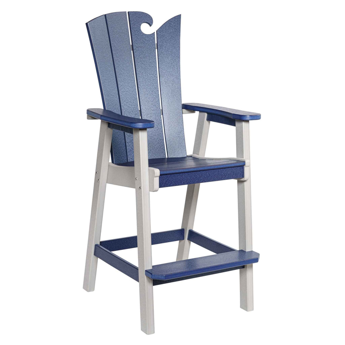 Navy and gray poly bar chair with a curling wave shaped back, arms and two step footrests