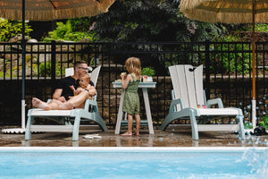 Myrtle Beach poly chaise lounges, white & sea glass, family by the pool