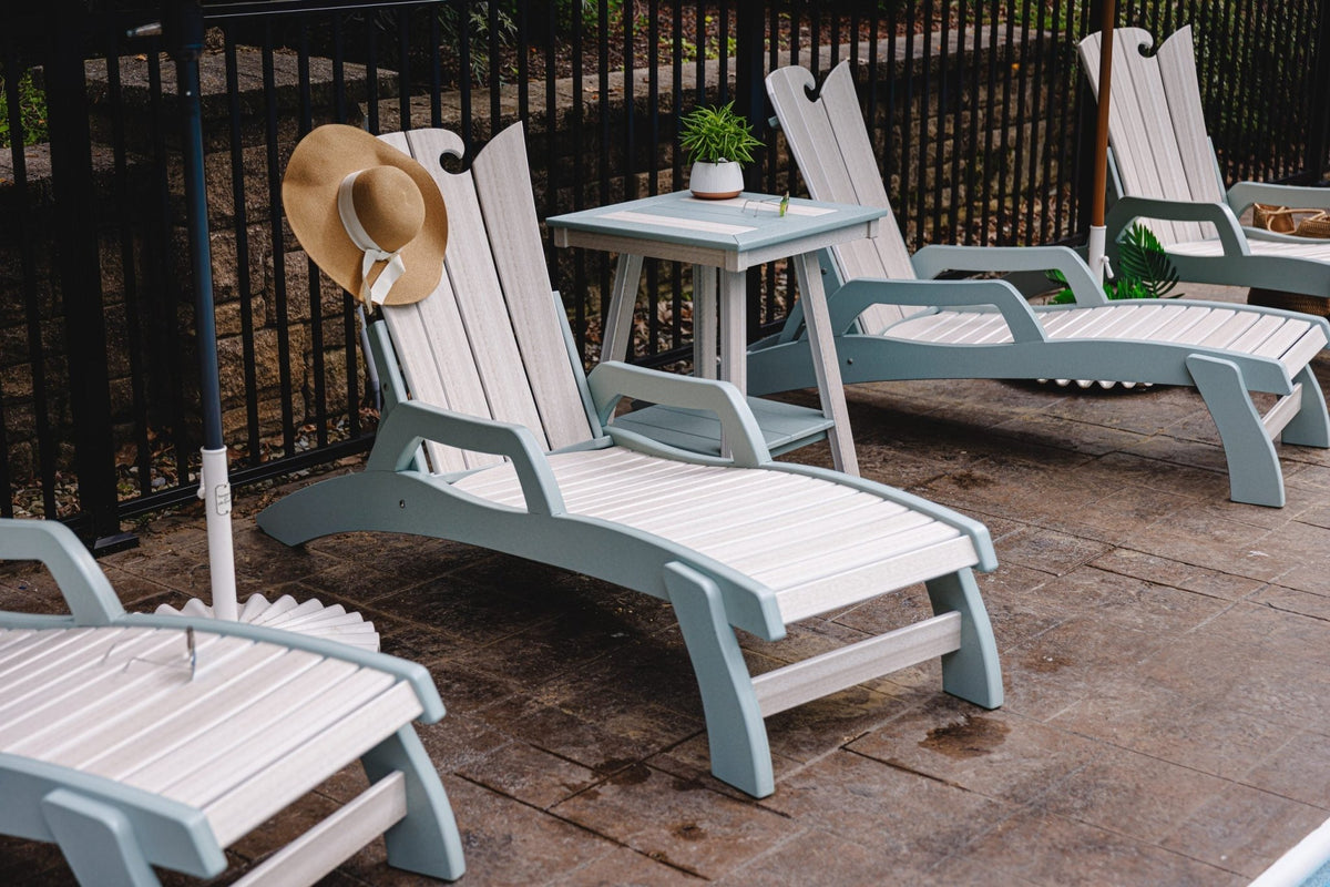 Myrtle Beach poly chaise lounges, white & sea glass, pool deck