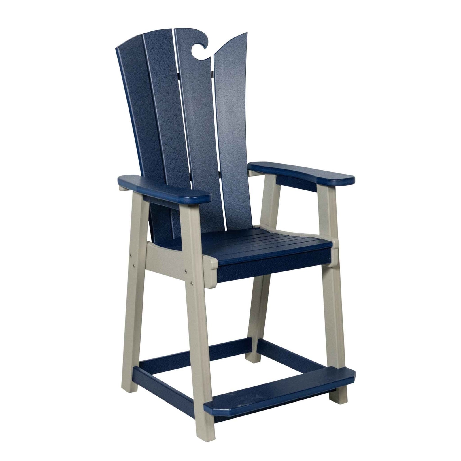 Navy and white counter height chair with a curling wave top on the fanned plank back and wide arms