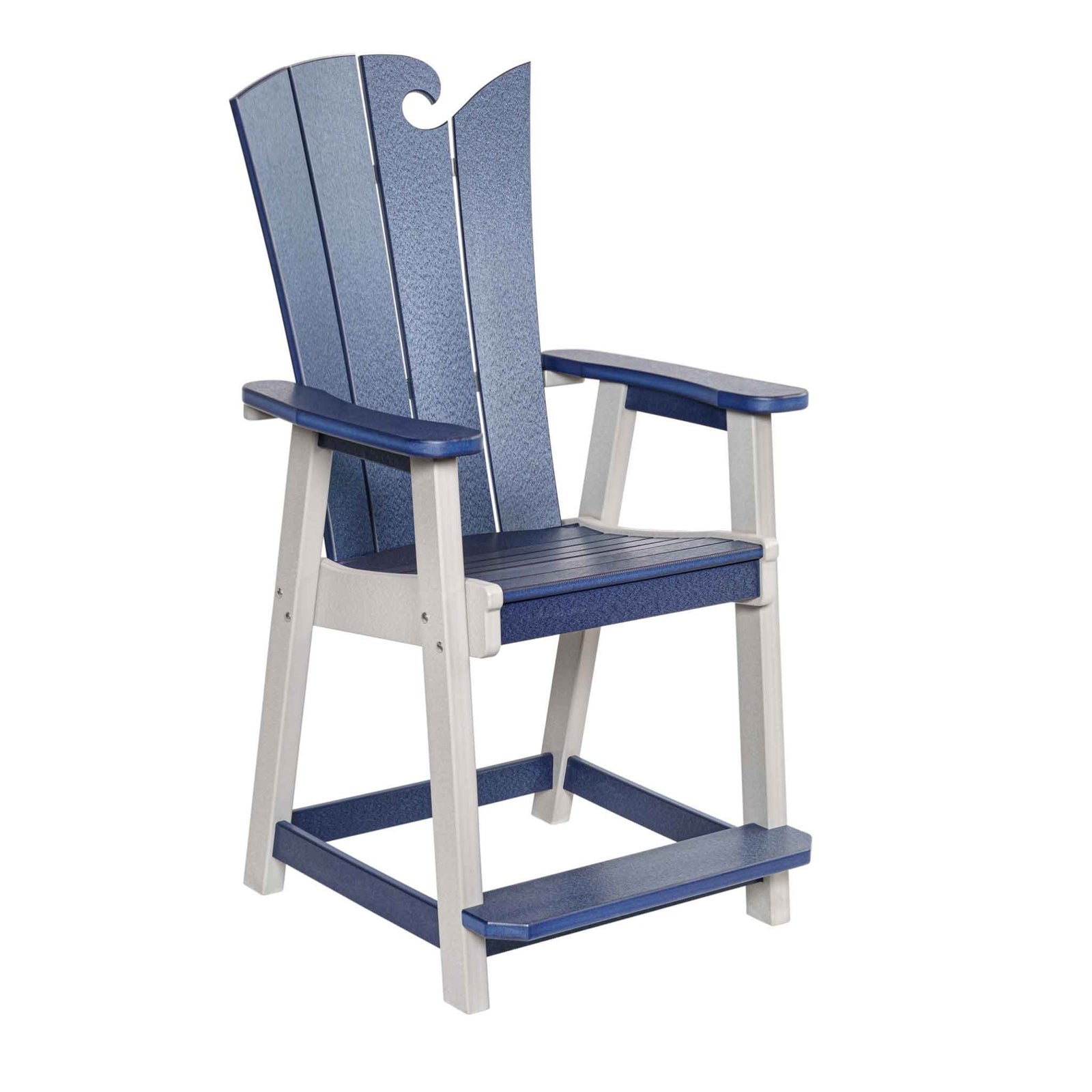 Navy and white counter height chair with a curling wave top on the fanned plank back and wide arms