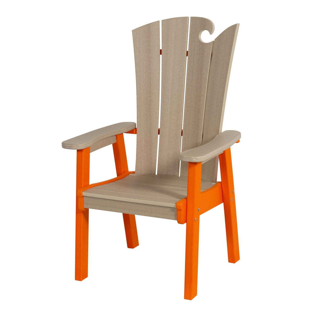 Birch and orange poly dining chair with a wave cutout on the tall fanned back and flat arms