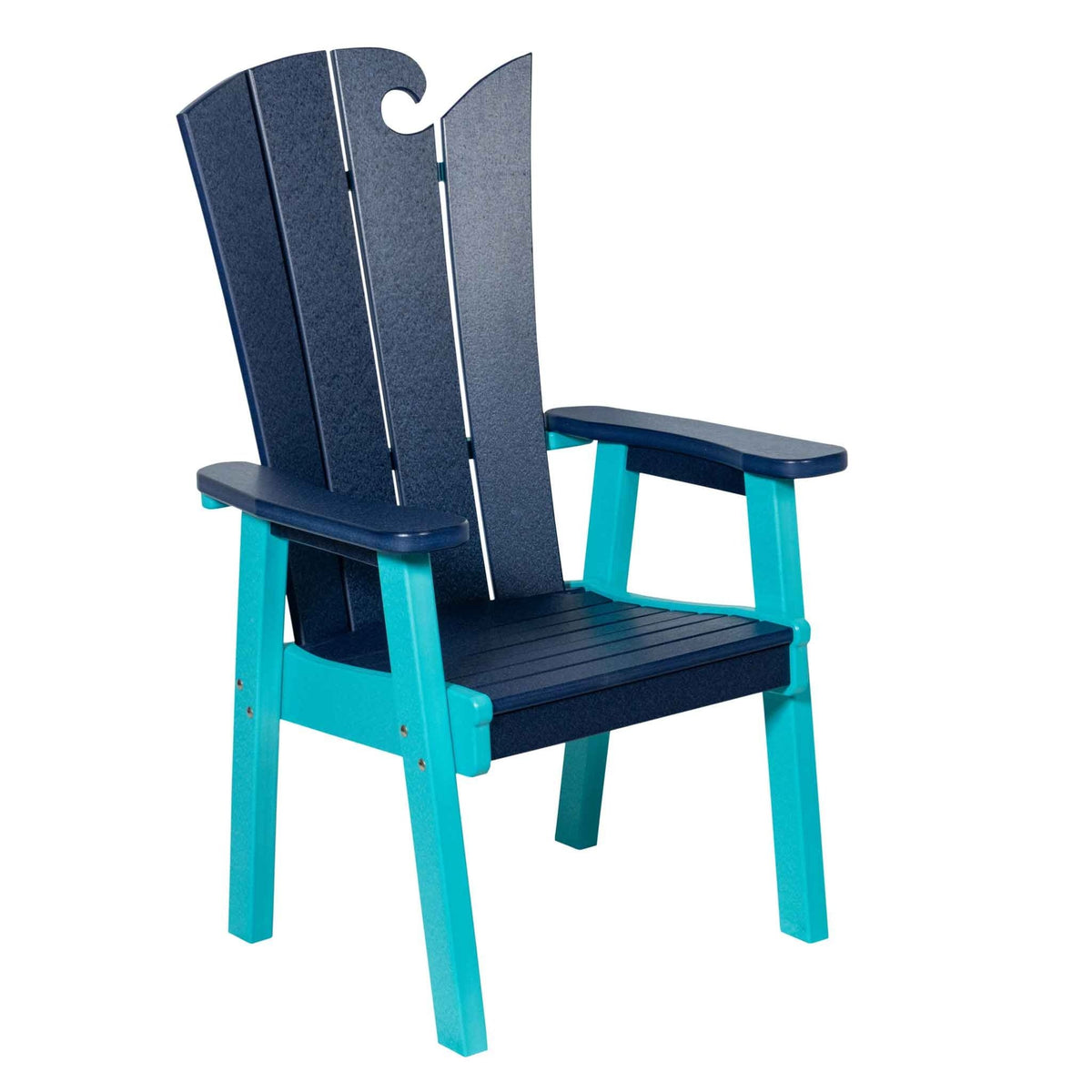 Navy and turquoise wave back dining chair in recycled poly with wide flat arms and slatted seat