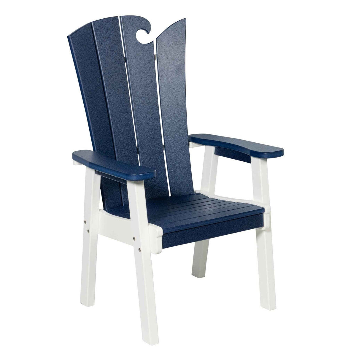 Navy and white wave back dining chair in recycled poly with rounded arms and a plank seat