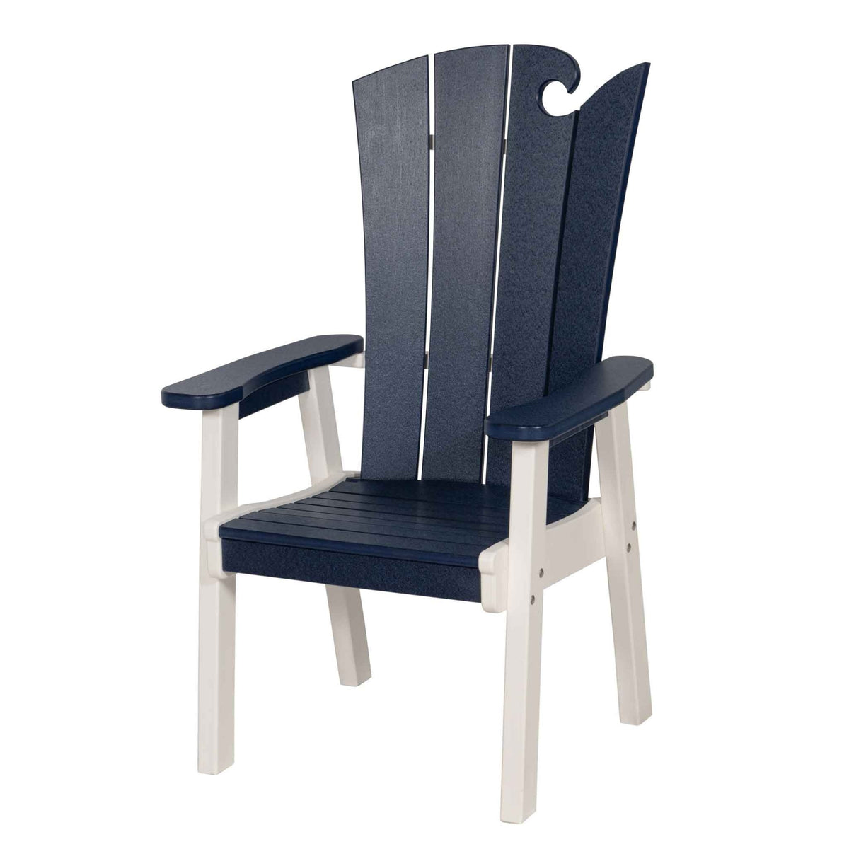Navy and white poly patio dining chair with a fanned wave shaped back and broad armrests
