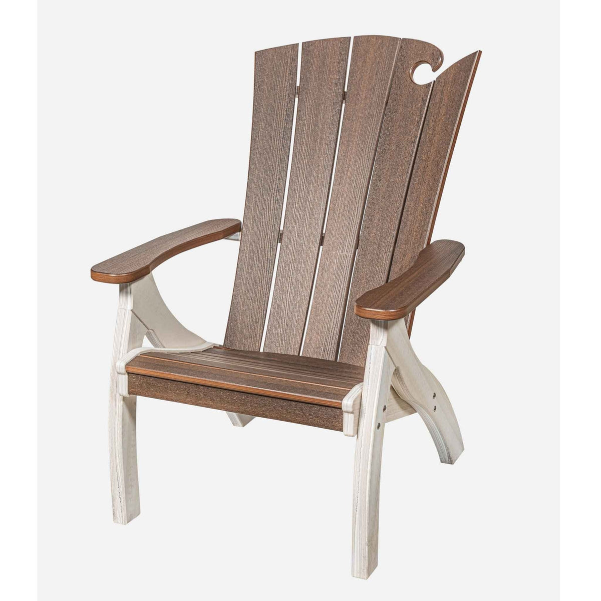Brown and white poly patio chair with a wave notched slat back, curved arms and a deep seat
