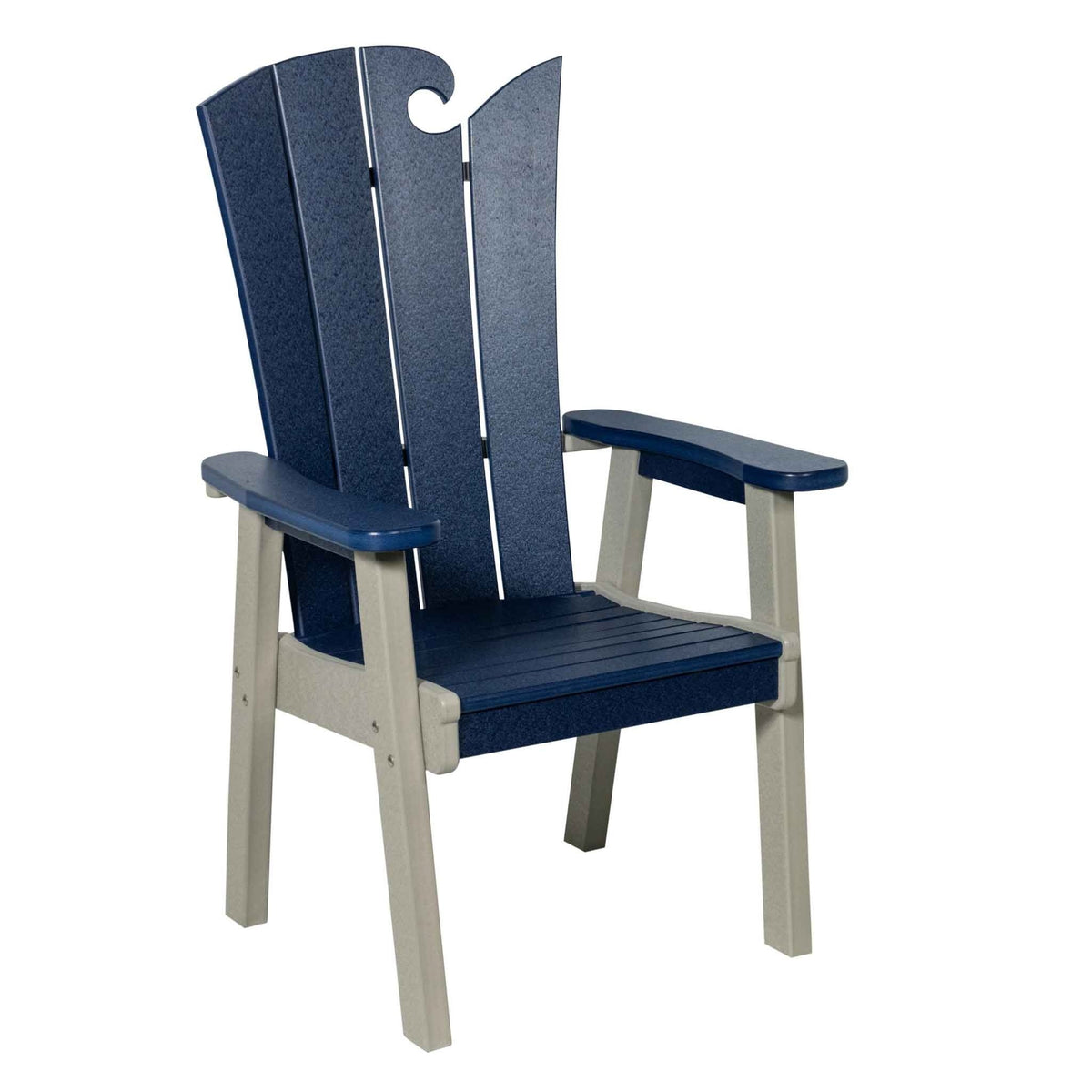 Navy and light gray poly dining chair with a curling wave crest rail, arms and slatted seat