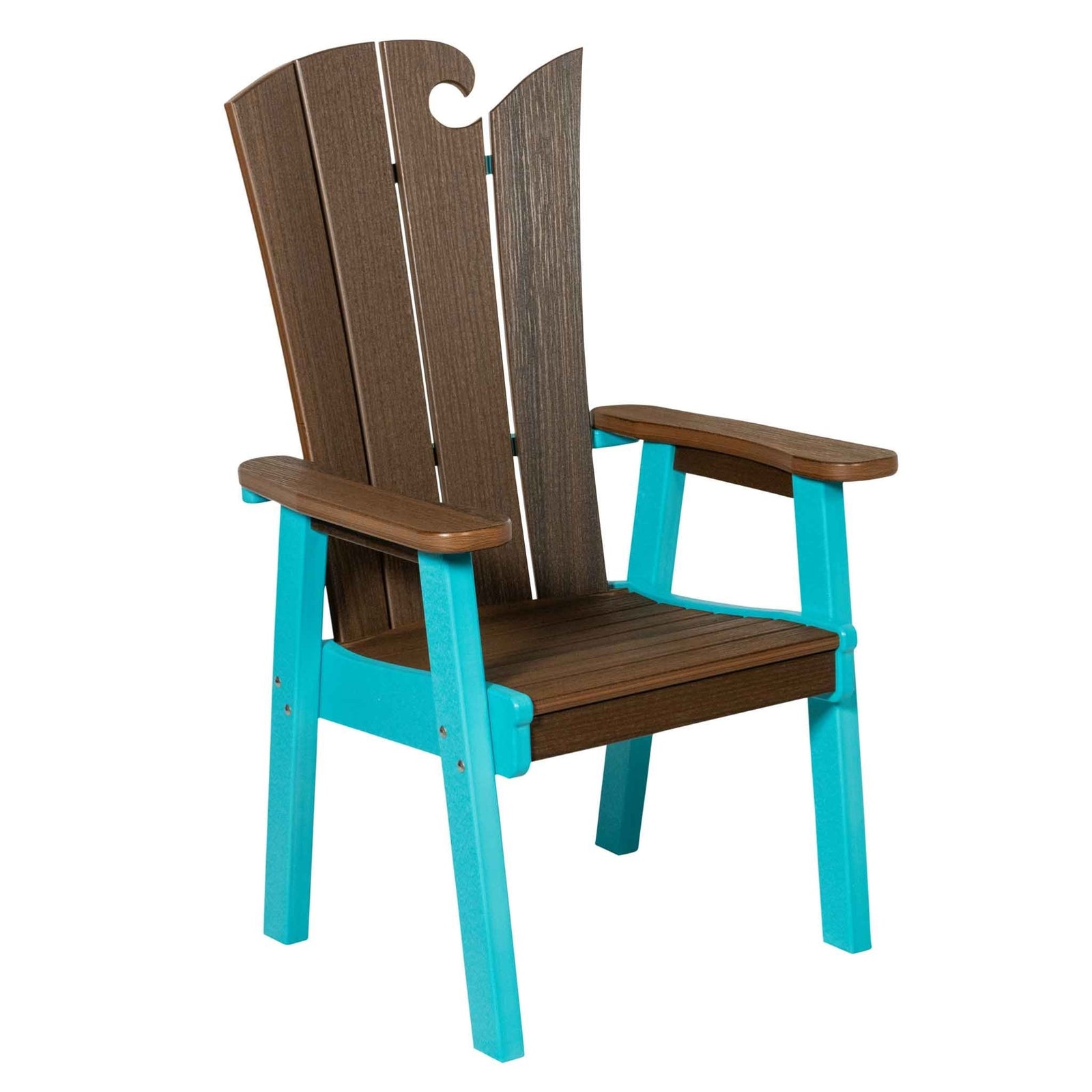 Navy and gray wave back poly dining chair on a gravel patio with beach grass and sunset behind