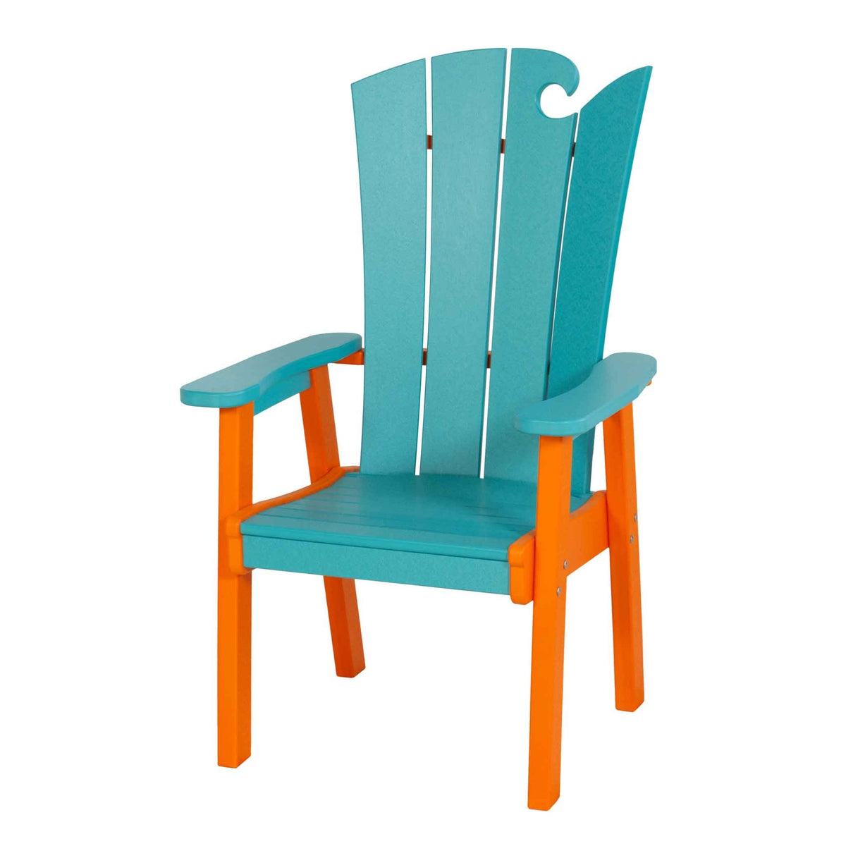 Turquoise and orange wave back patio dining chair with wide arms and a slatted poly seat