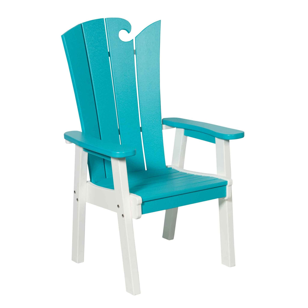 Aqua and white poly dining chair with a curling wave crest, wide arms and a slatted seat