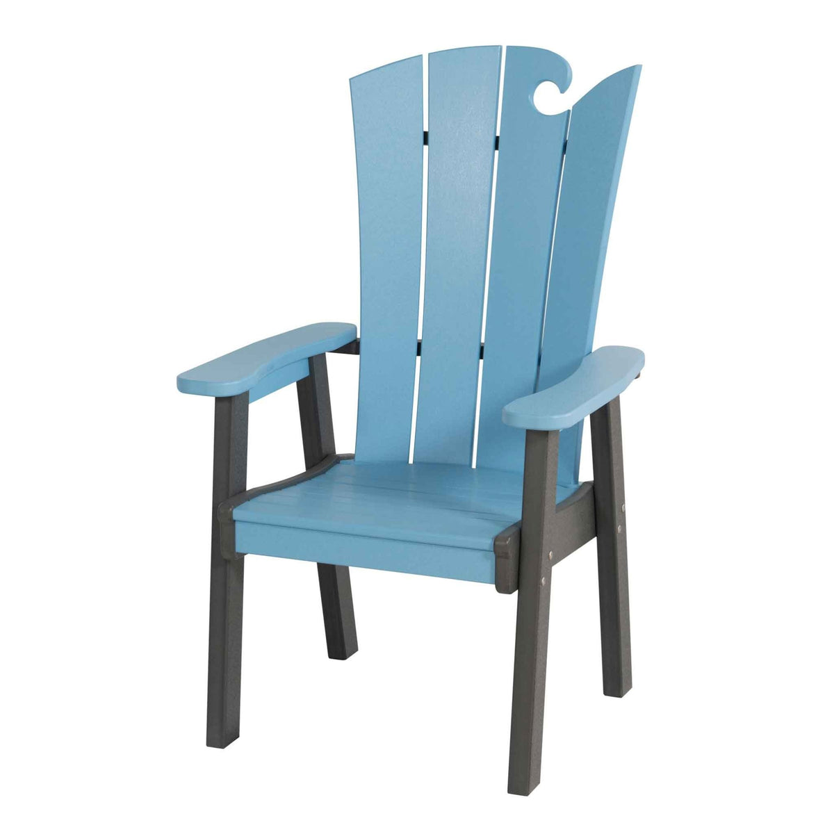 Powder blue and dark gray dining chair with a wave shaped plank back and broad poly armrests