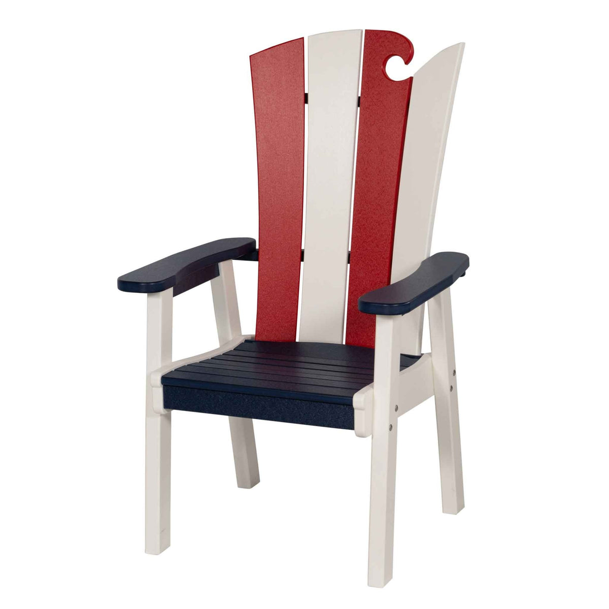 Red, white and navy wave back dining chair with a striped plank back, navy seat and arms