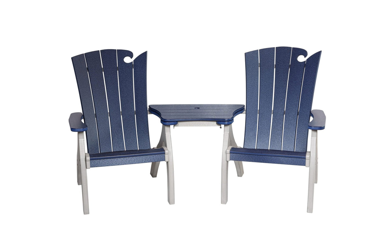 Myrtle Beach poly siesta Adirondack chairs with settee table, light gray & patriot blue - lifestyle (other pieces sold separately)
