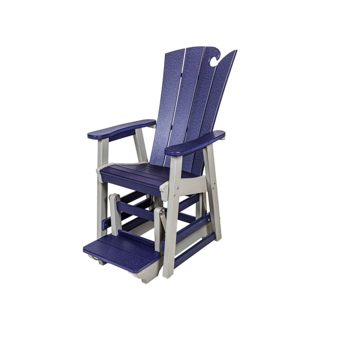 Navy and gray counter height single glider with a wave notched back and a raised footrest platform