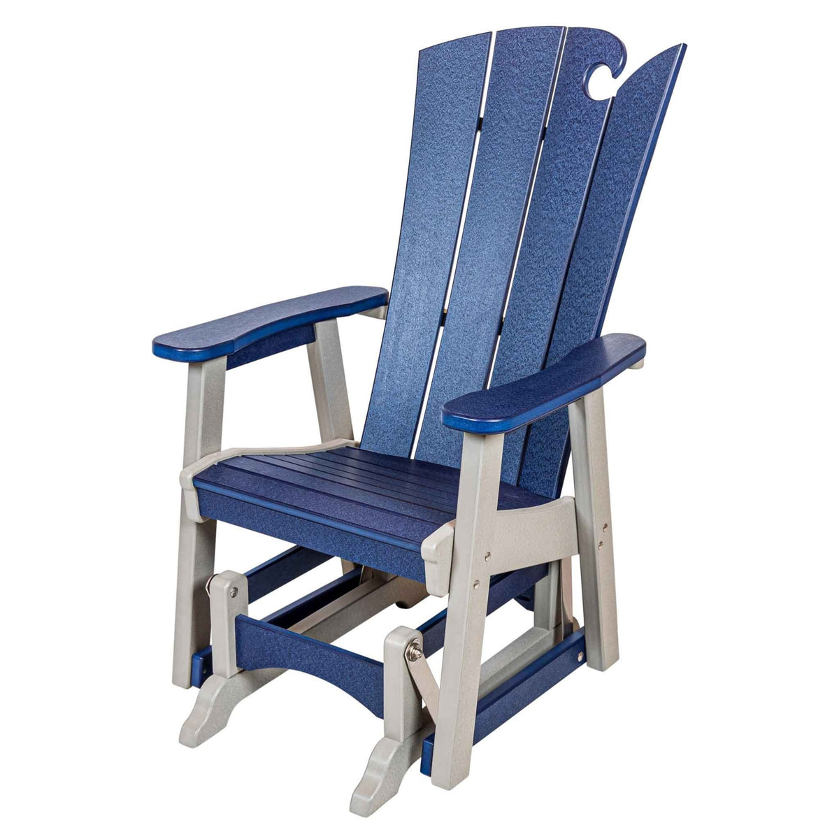 Navy and gray single glider chair with a wave cutout crest, wide arms and a smooth gliding base