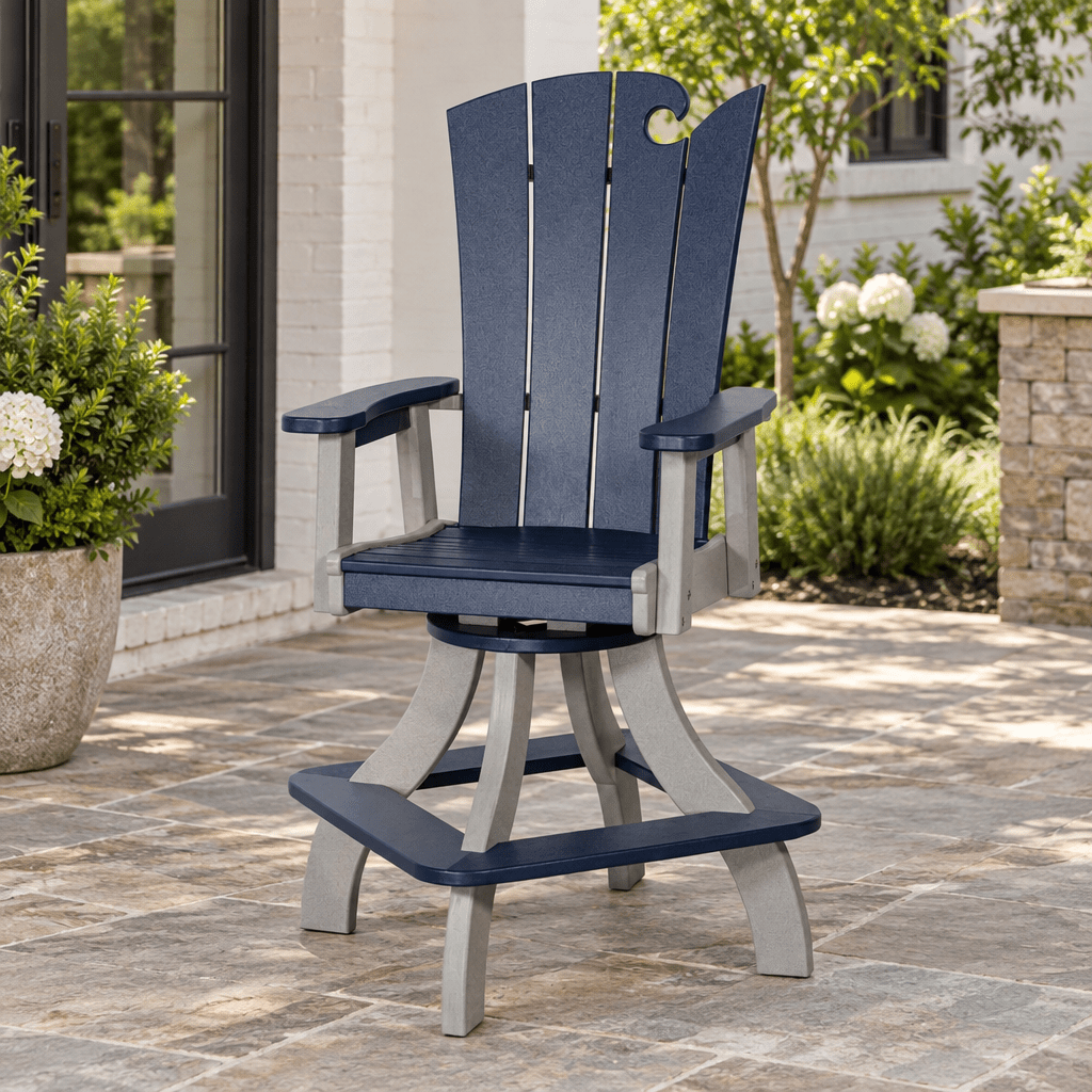Amish Poly Patio Myrtle Beach Swivel Bar Chair shown in the back patio of a transitional home