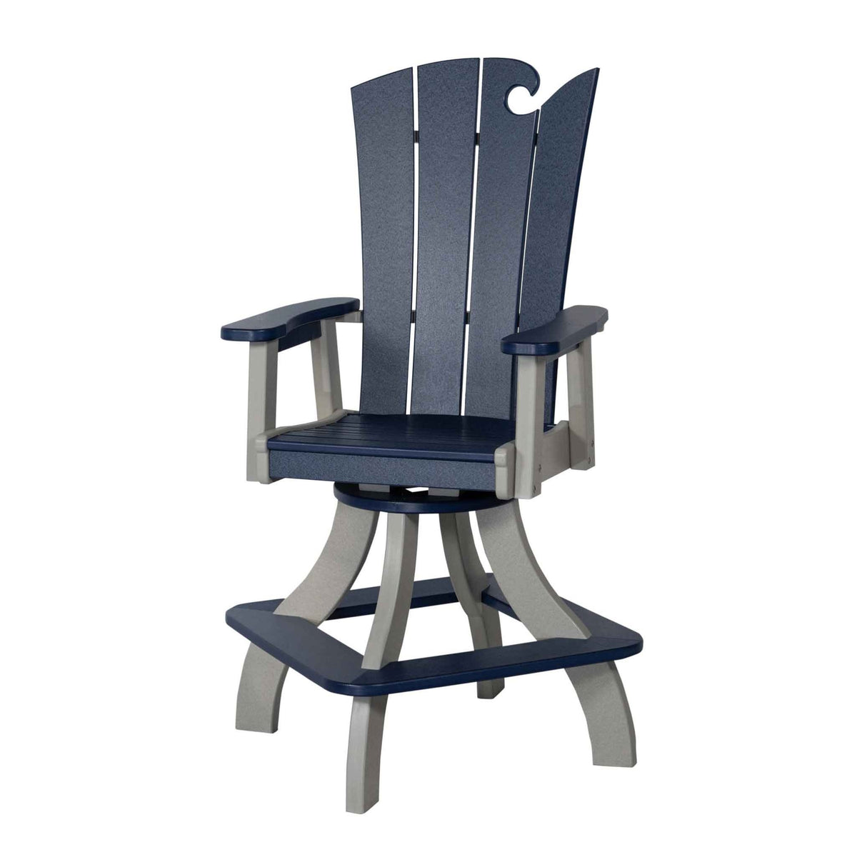 Navy and gray swivel bar chair with a wave shaped back, arms and a square footrest on a flared base