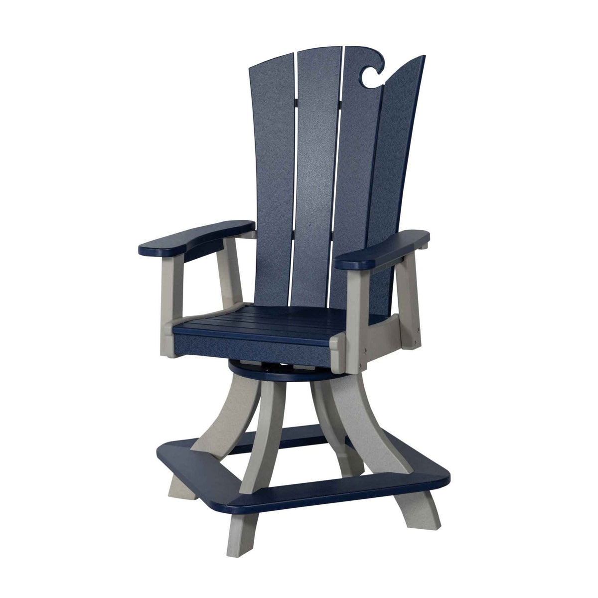 Navy and gray wave back swivel dining chair with wide arms and a curved four leg swivel base