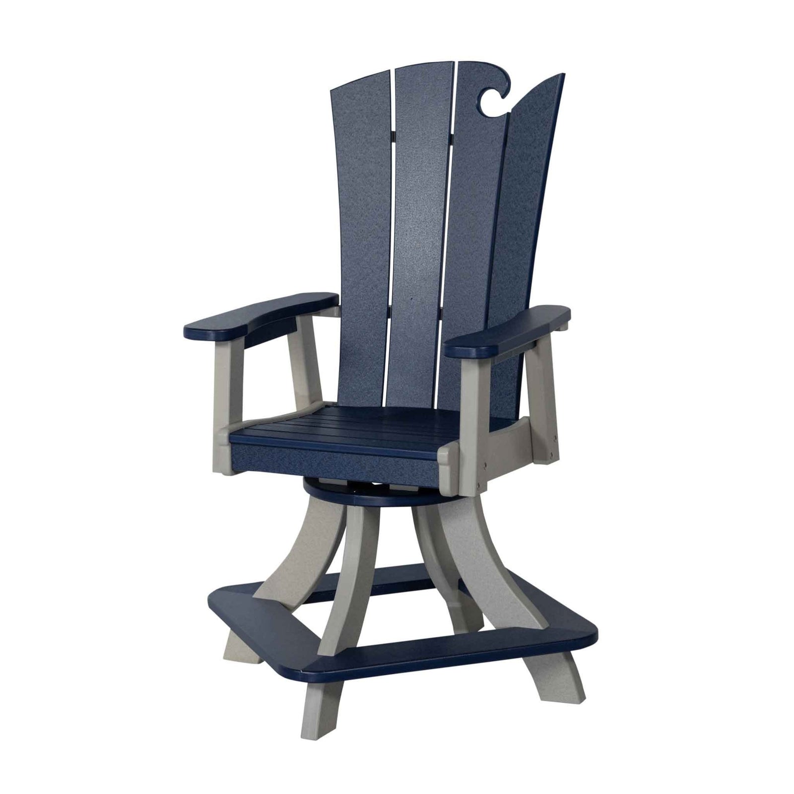 Navy and gray wave back swivel dining chair with wide arms and a curved four leg swivel base