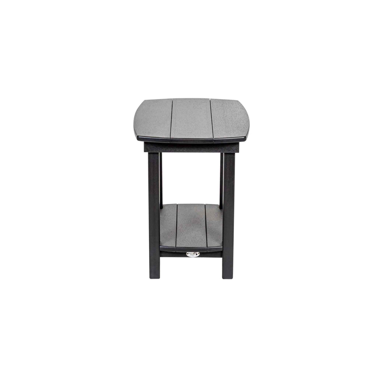 Side view of a black and gray poly end table with a rounded top and lower slatted shelf