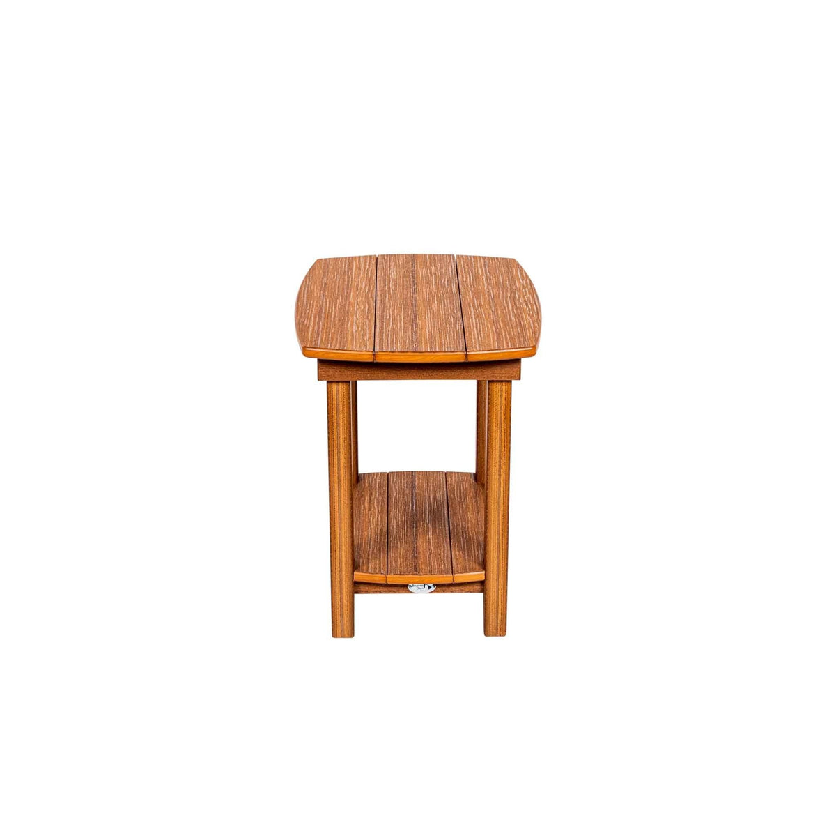 Antique mahogany poly outdoor end table with a rounded plank top and a lower storage shelf