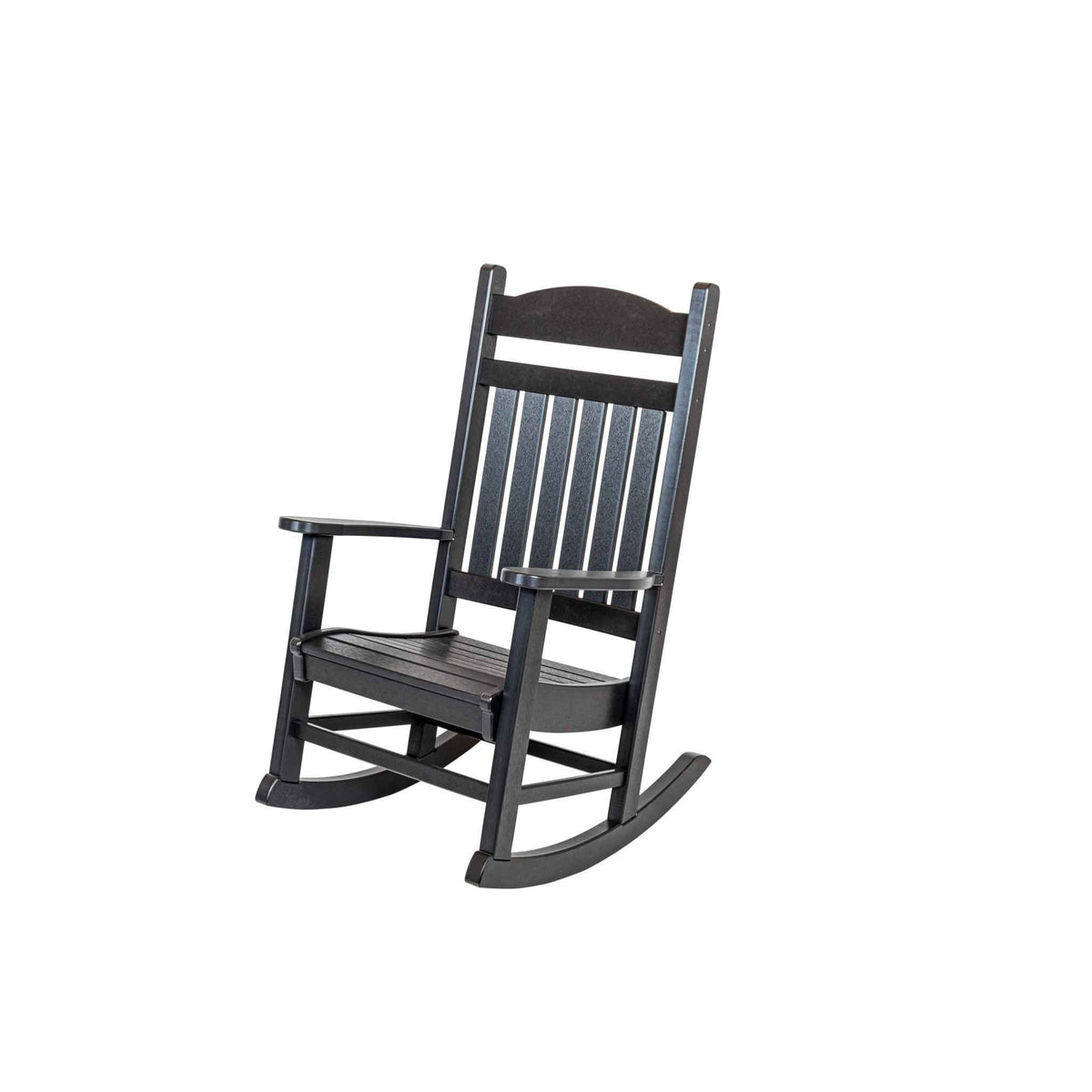 Black recycled poly rocking chair with an arched top rail, five back slats, arms and curved rockers
