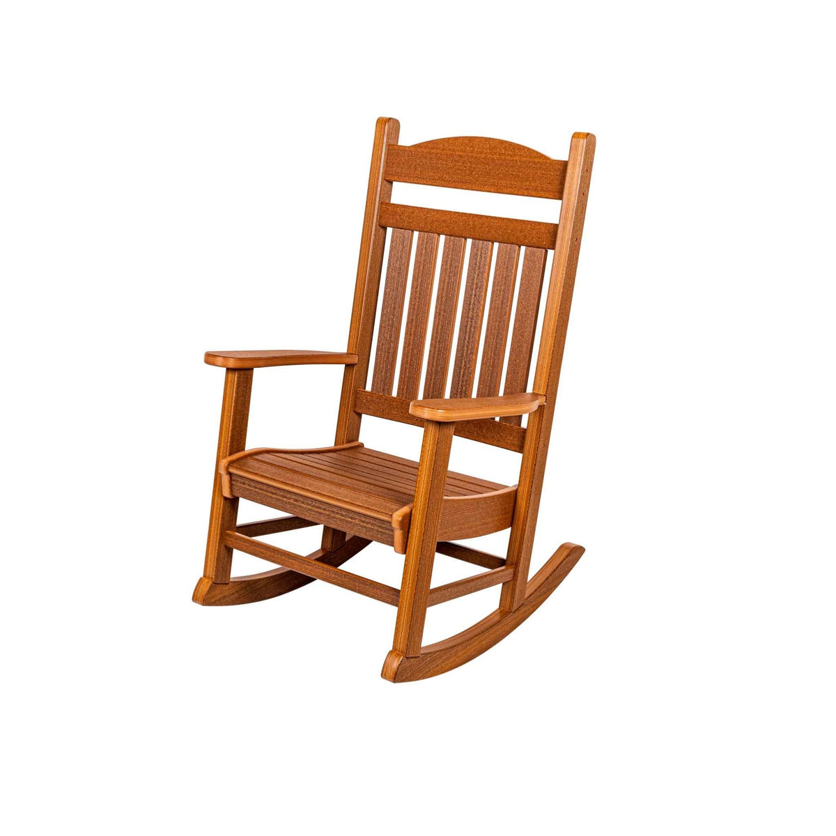 Antique mahogany poly rocking chair with an arched crest, slatted back, wide arms and rockers