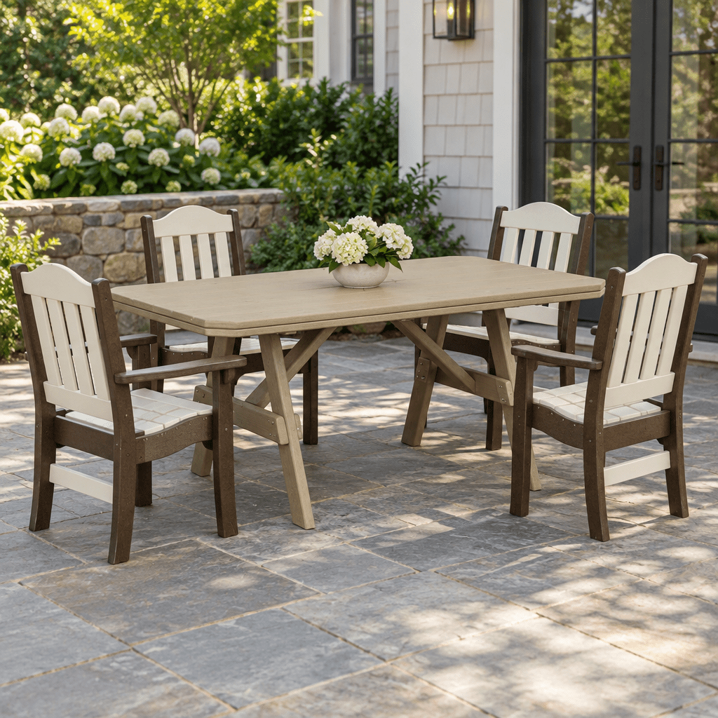 Amish Poly Patio Rectangular Garden Table shown in the back patio of a transitional home