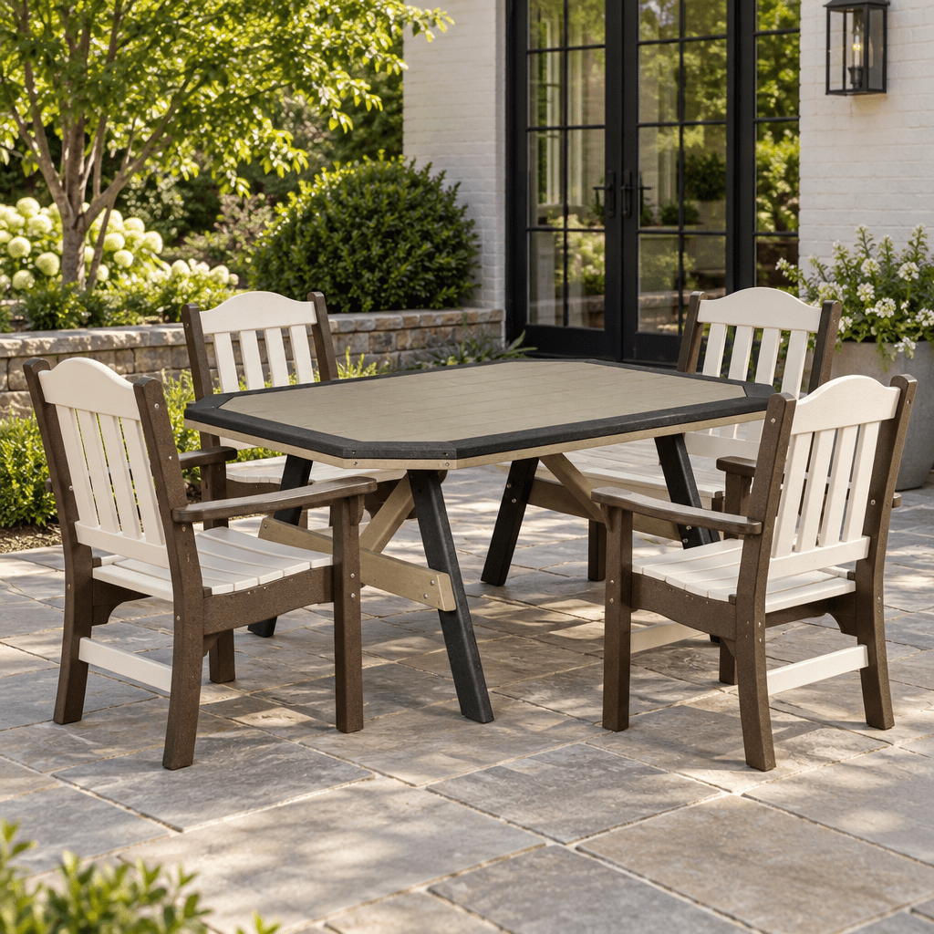 Amish Poly Patio Rectangular Garden Table w/ Border shown in the back patio of a transitional home