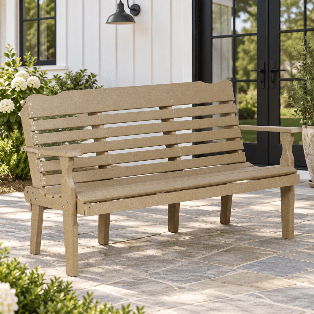 Amish Poly Patio West Chester 5' Bench shown in the back patio of a modern farmhouse home