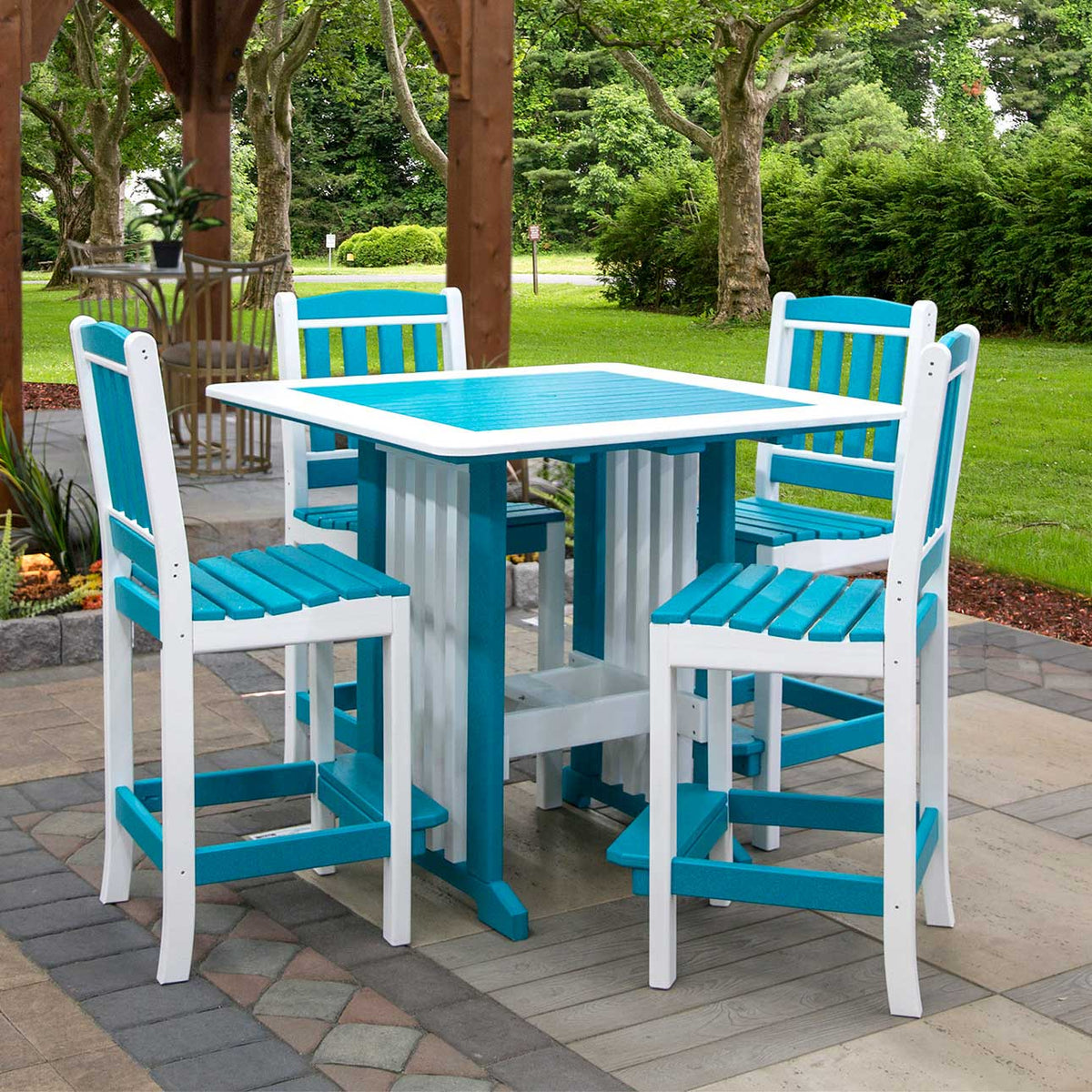 Amish Poly Resin 43&quot; Square English Garden Patio Bar Table &amp; Side Chair Set - snyders.furniture
