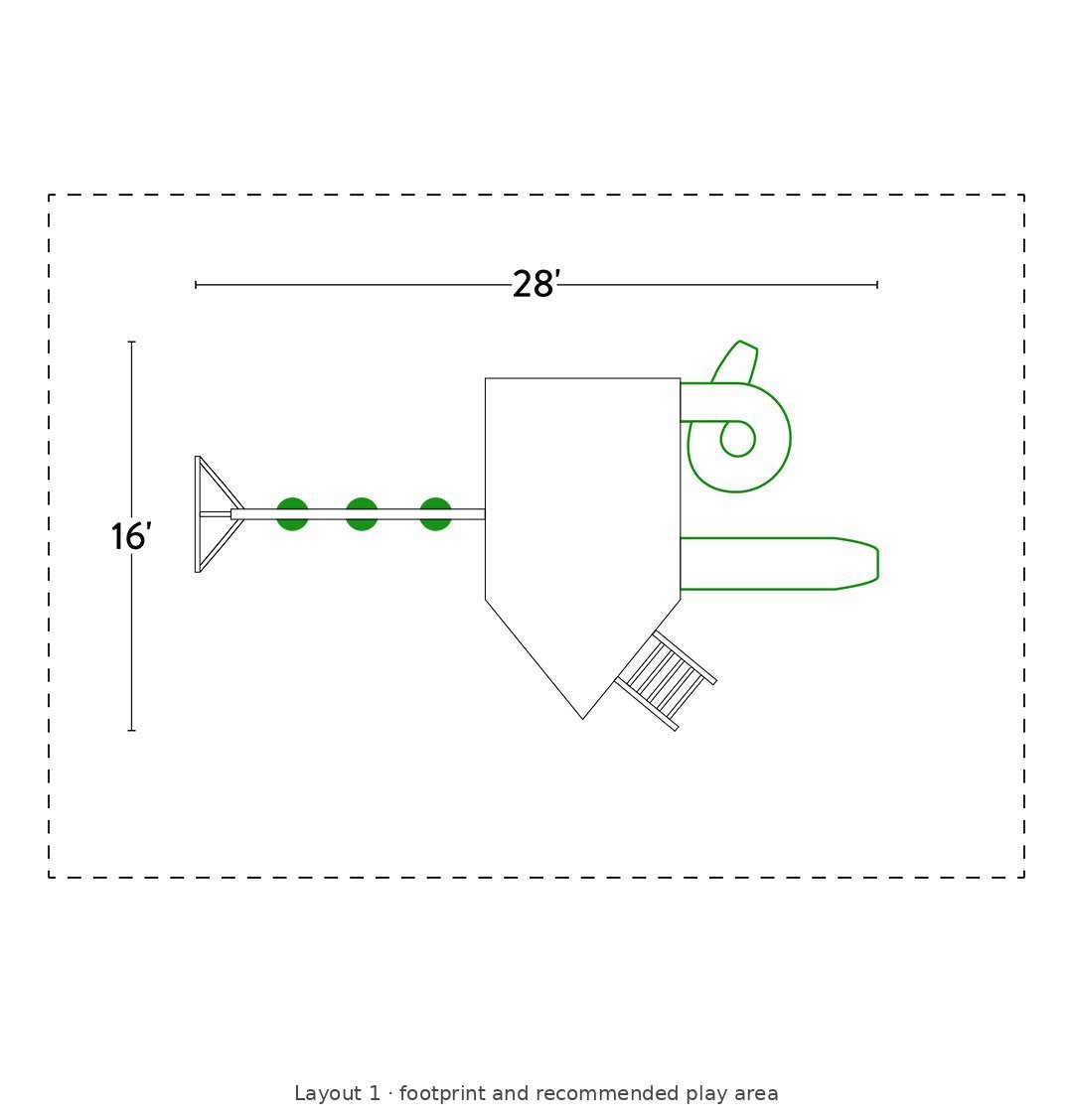 Amish Poly Voyager Vinyl Playset & Swing Set Kit – Layout 1 footprint and recommended play area diagram