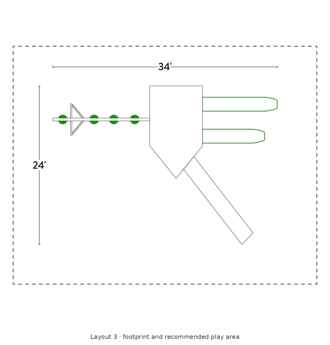 Amish Poly Voyager Vinyl Playset & Swing Set Kit – Layout 3 footprint and recommended play area diagram