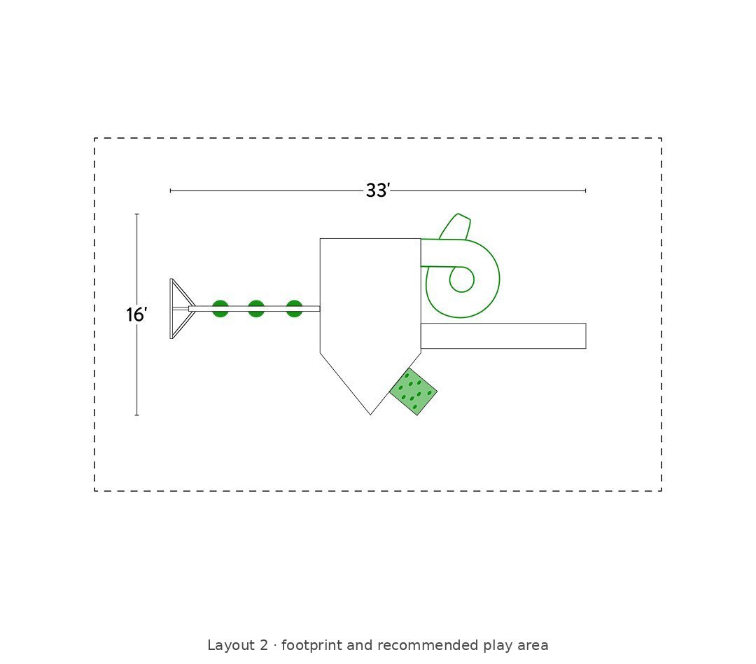 Amish Poly Voyager Vinyl Playset & Swing Set Kit – Layout 2 footprint and recommended play area diagram