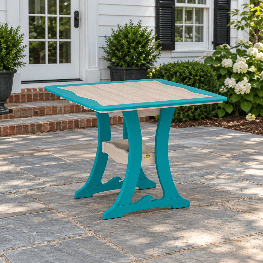 Amish Poly Wave Patio Dining Table shown in the back patio of a traditional colonial home