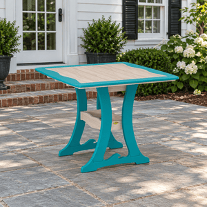 Amish Poly Wave Patio Dining Table shown in the back patio of a traditional colonial home