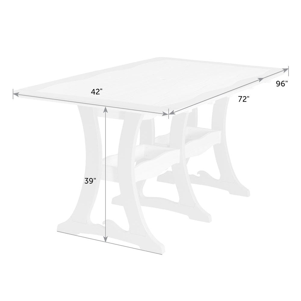 Dimension diagram of the rectangular surfboard patio table: 42 inch width, 72 and 96 inch lengths and 39 inch bar height
