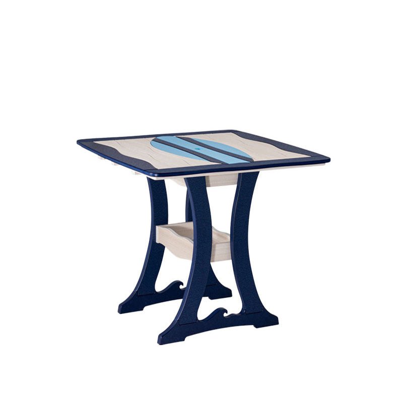 Square poly bar table with a light blue surfboard inlay on a sand wave top and curved navy trestle legs