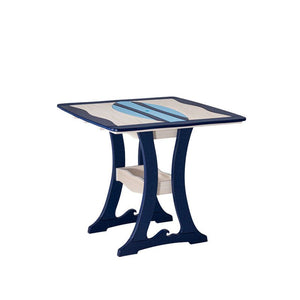 Square poly bar table with a light blue surfboard inlay on a sand wave top and curved navy trestle legs