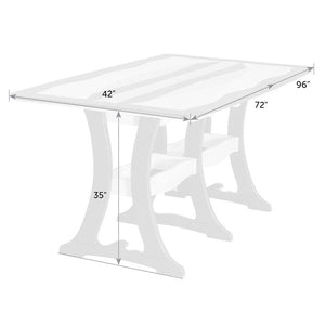 Dimension diagram of the rectangular surfboard dining table: 42 inch width, 72 or 96 inch length and 35 inch counter height