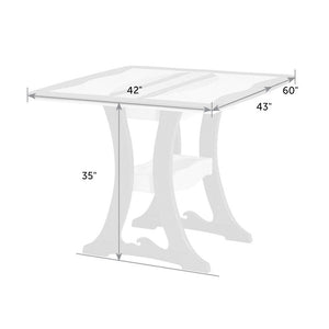 Dimension diagram of the square surfboard counter table: 42 by 43 inch top, 60 inch option and 35 inch height