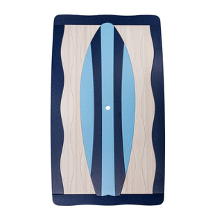 Top-down view of a rectangular surfboard poly table top with navy wavy edges, whitewash center and blue board graphic