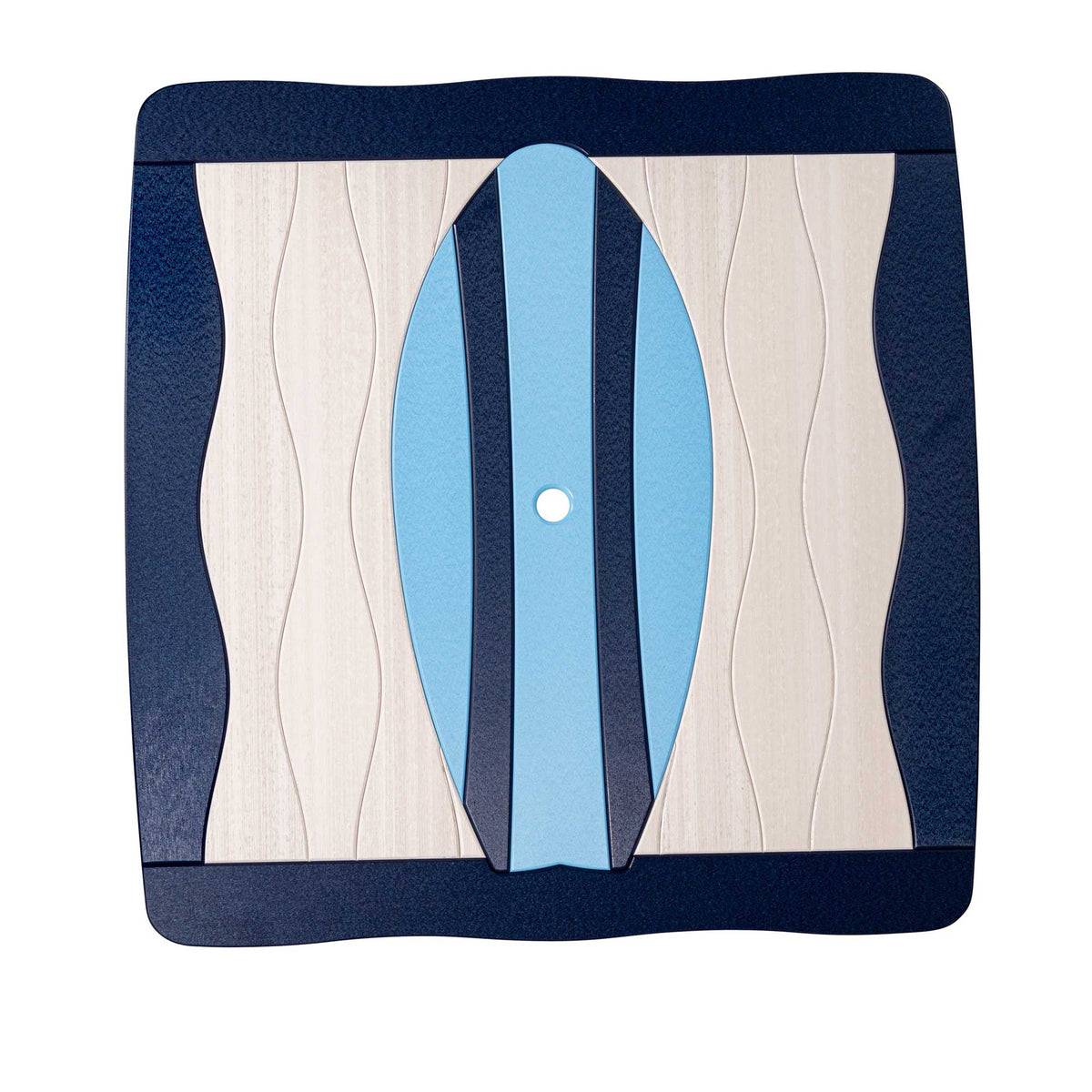 Overhead view of a square surfboard table top with navy wave borders, whitewashed planks and a light blue board inlay