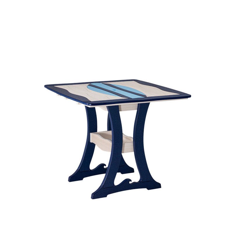 Driftwood and aruba blue surfboard counter table set with five curved saddle stools on a waterfront dock
