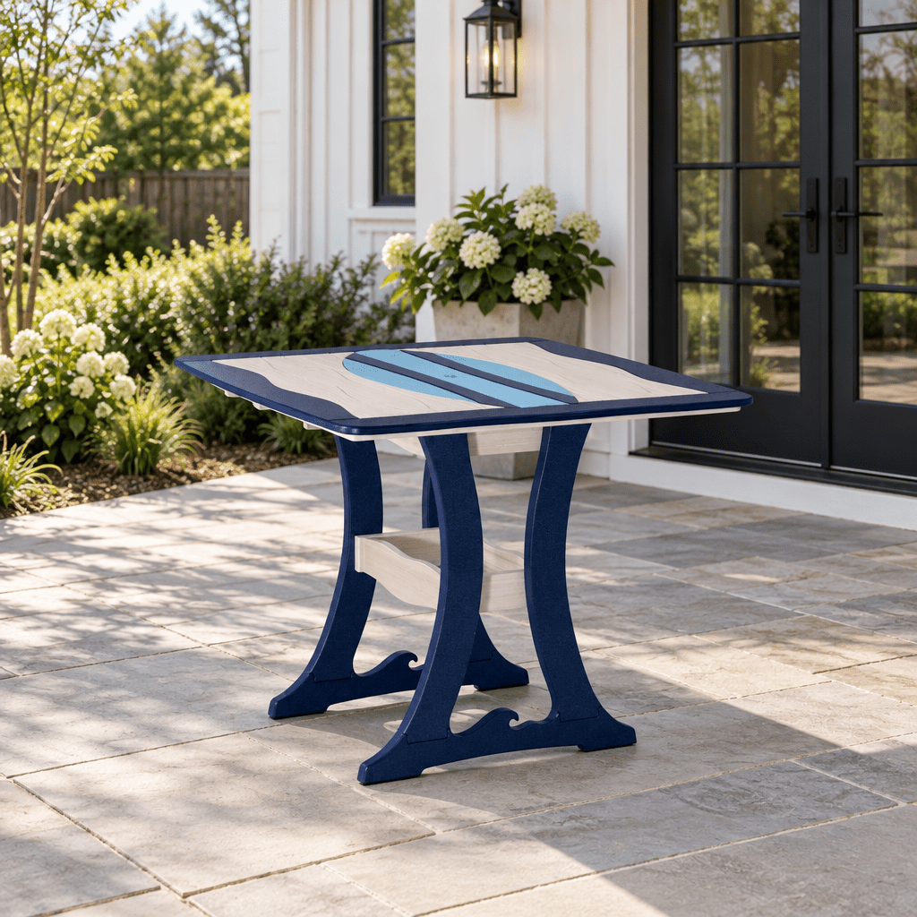 Amish Poly Wave Surfboard Patio Dining Table shown in the back patio of a modern farmhouse home
