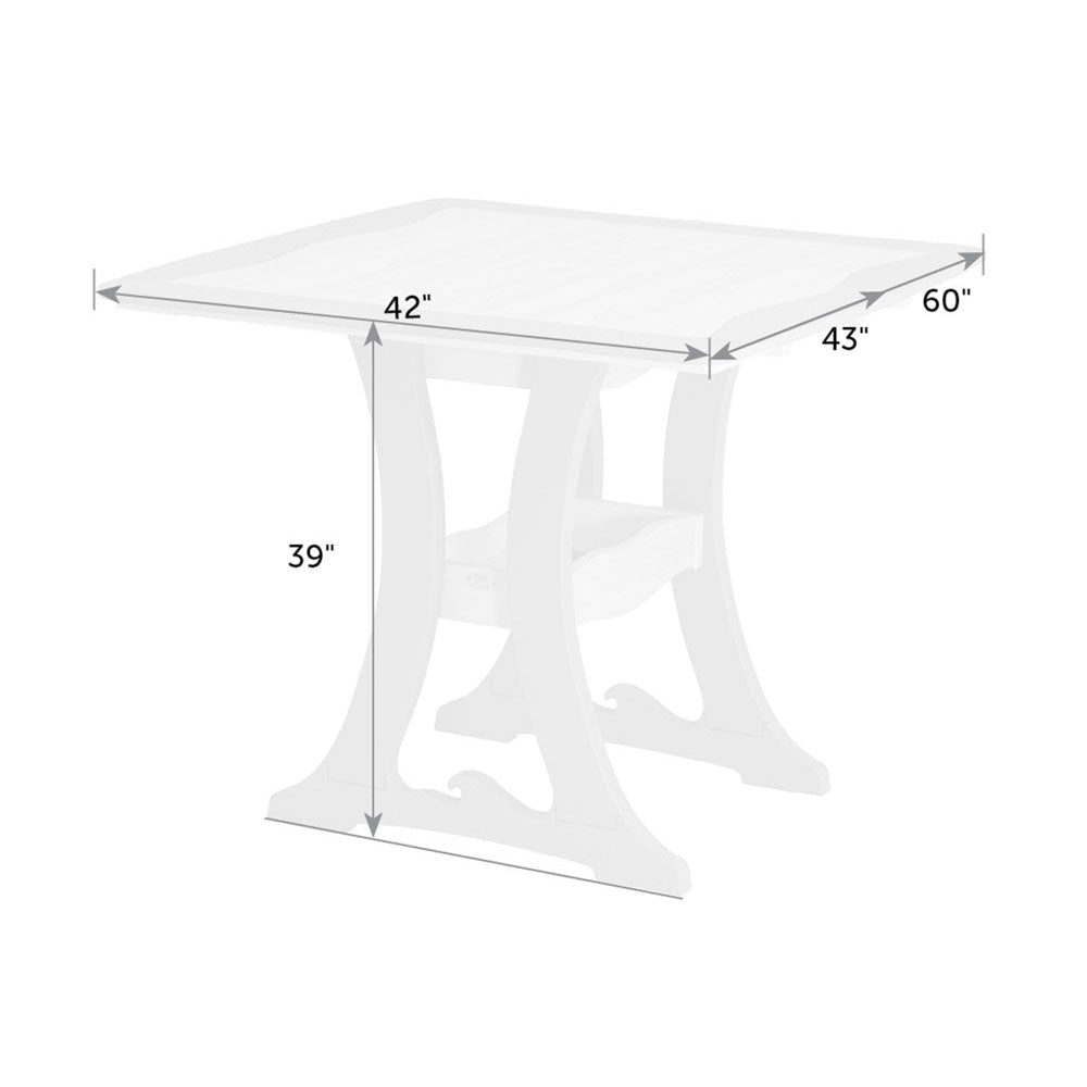 Dimension diagram of the square wave dining table: 42 by 43 inch top, 60 inch length option and 39 inch height