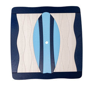 Overhead view of a square poly table top with navy wave-edge borders, whitewashed planks and a light blue surfboard inlay